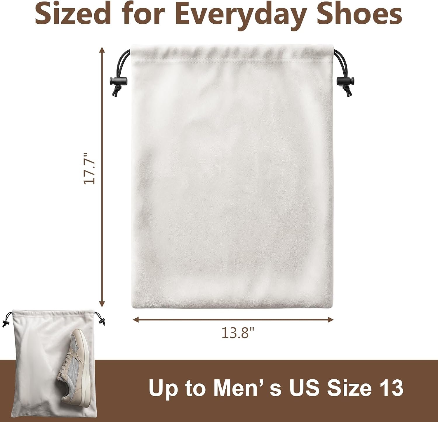 6 Pack Shoe Bags for Travel, Large Flannel Drawstring Bags | Soft flannel drawstring shoe bags keep each pair separated in luggage, carry-ons, gym bags or closet shelves