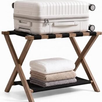 Luggage Rack, Heavy-Duty Bamboo Foldable Suitcase Stand with Storage Shelf, Fits Up to 28" Luggage, Space-Saving Organizer Holder for Guest Room, Bedroom, Hotel, Dorm and Entryway