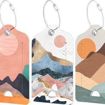3 Pcs Leather Luggage Tags for Suitcase, Travel Cruise Luggage Tag with Privacy Flap, Name ID Label and Metal Loop for Women Men Baggage Handbag School Bag Backpack, Setting Sun
