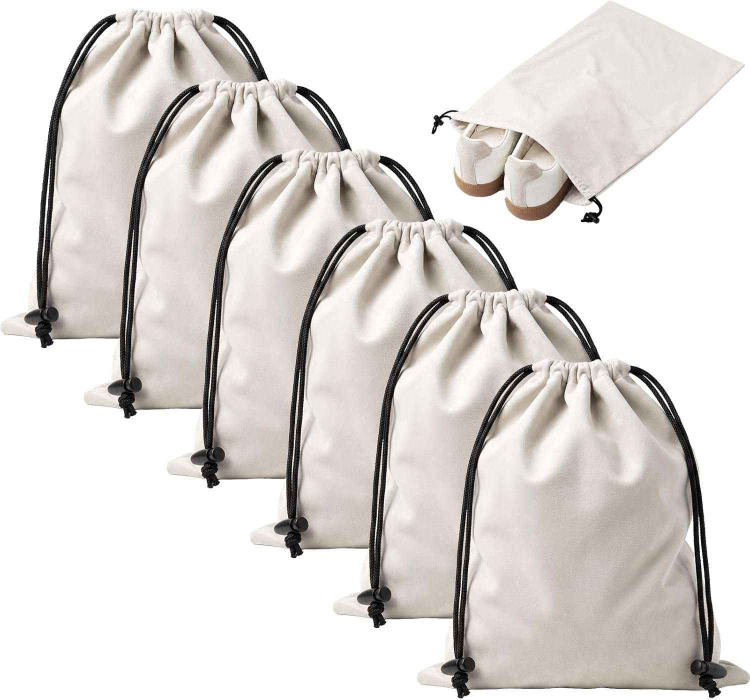 6 Pack Shoe Bags for Travel, Large Flannel Drawstring Bags | Soft flannel drawstring shoe bags keep each pair separated in luggage, carry-ons, gym bags or closet shelves
