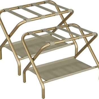 Luggage Rack Pack of 2, Foldable Suitcase Stand with Fabric Storage Shelf, Luggage Holder with 4 Nylon Straps for Hotel Guest Room Bedroom