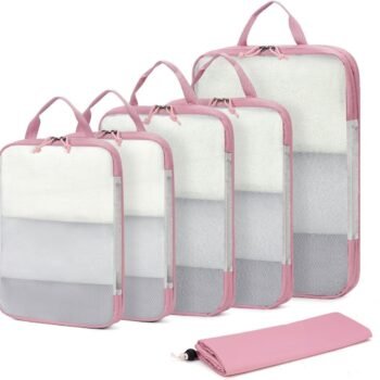 6 Set Compression Packing Cubes, Gifts for Women Mom, Lightweight Vacation Travel Essentials Accessories for Suitcase Luggage Organizer Bags Set with Zippers Shoe Bag, Pink