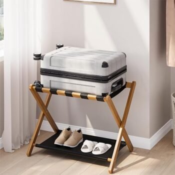 Folding Luggage Rack for Guest Room, Walnut Bamboo Suitcase Stand Holds up to 131 lb, Luggage Stand with Storage Shelf for Hotel