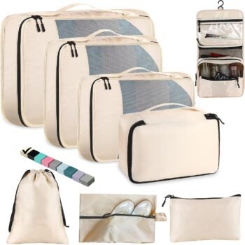 8-Piece Packing Cubes for Travel, 2026 Upgraded Durable Zippers & Reinforced Mesh, Complete Luggage Organizer Set with Shoe/Toiletry/Laundry Bags, 4 Sizes for Suitcase, Men Women, (Beige)