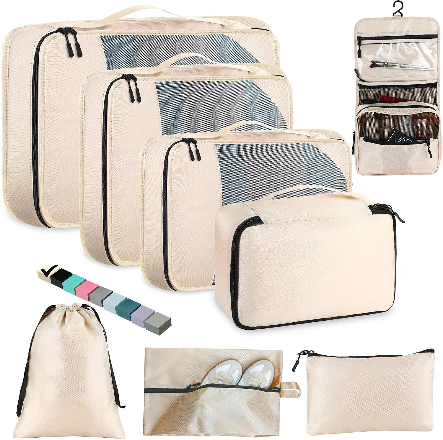 8-Piece Packing Cubes for Travel, 2026 Upgraded Durable Zippers & Reinforced Mesh, Complete Luggage Organizer Set with Shoe/Toiletry/Laundry Bags, 4 Sizes for Suitcase, Men Women, (Beige)