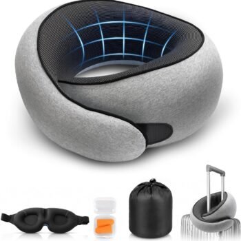 G-Shape Memory Foam Travel Neck Pillow - % Pure Foam Ergonomic Support with Eye Mask & Ear Plugs for Airplane Flights, Car Trips & Office Naps, Beige Gray